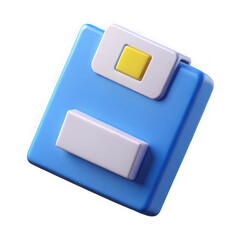 Stylized 3d blue floppy disk icon with white and yellow accents isolated on transparent background
