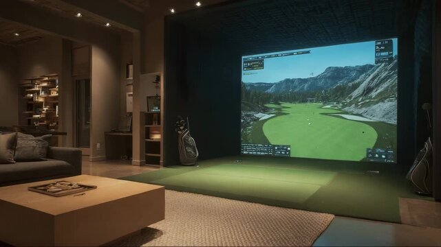 Modern indoor golf simulator setup with a large projection screen  