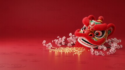 Luna new year, Festive Chinese Lion Dance Mask with Cherry Blossoms and Lights