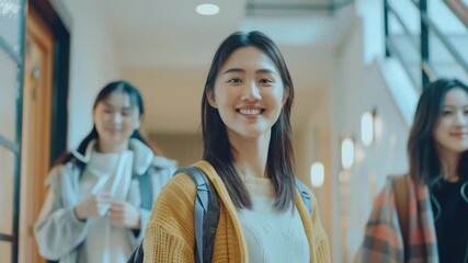 A woman stands in a hallway holding a backpack, ready for her journey