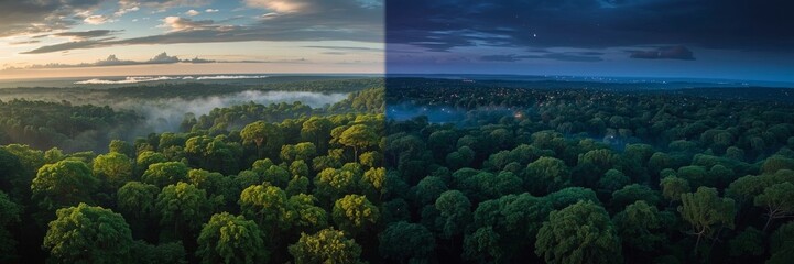A captivating panoramic forest landscape split between vibrant daylight and serene moonlit night. The image contrasts sunlight streaming over a lush green canopy with a starlit sky and glowing moon, s