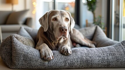 A large, comfortable orthopedic dog bed made from memory foam is situated in a bright, stylish living room, providing perfect relaxation for a pet