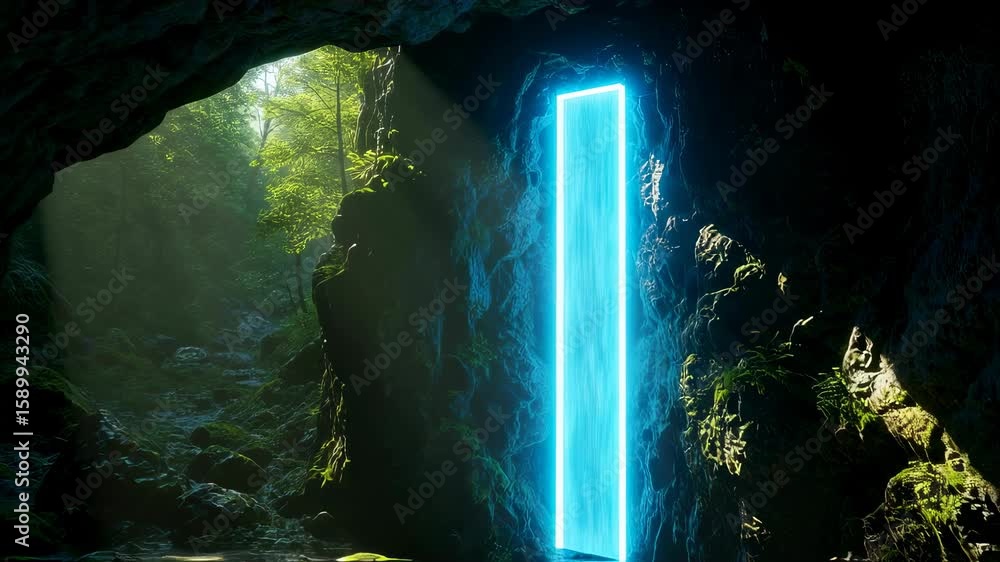 Aufkleber cave entrance with a glowing rectangular portal. digital geometric figure acting as an otherworldly 