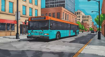 Fototapeta premium Marker illustration of colorful city bus on urban street with geometric perspective