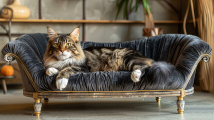 A stylish cat relaxes on a plush velvet bed with gold details in a modern, cozy living space. Perfect for pampered pets