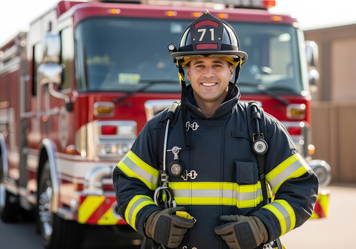 Male firefighter in full gear stands smiling in front of a red fire truck. 