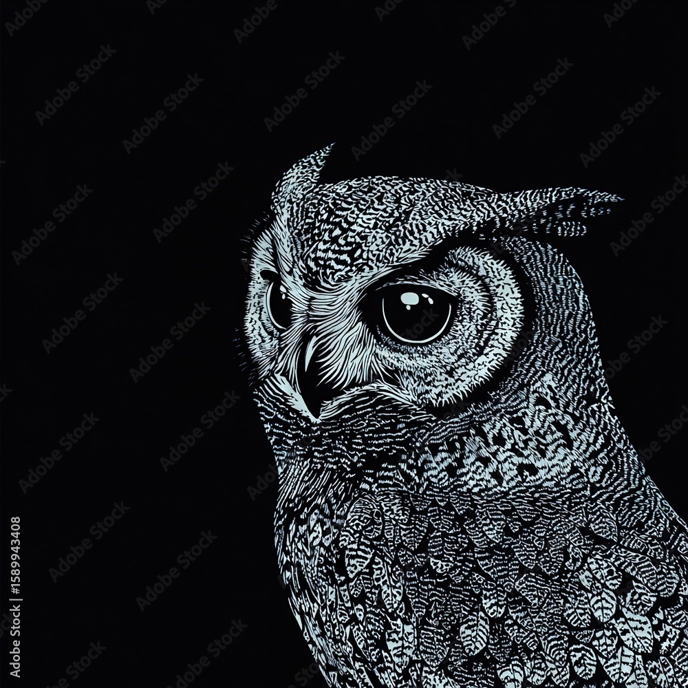 Poster a close-up of an owl's face on a black background with a hint of light emanating from its eyes