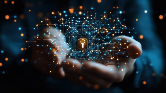 Business person offering digital key. Network structure and key icon background - Powered by Adobe