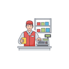 Friendly male cashier processing customer payment at a modern retail store checkout counter with a cash register and products.