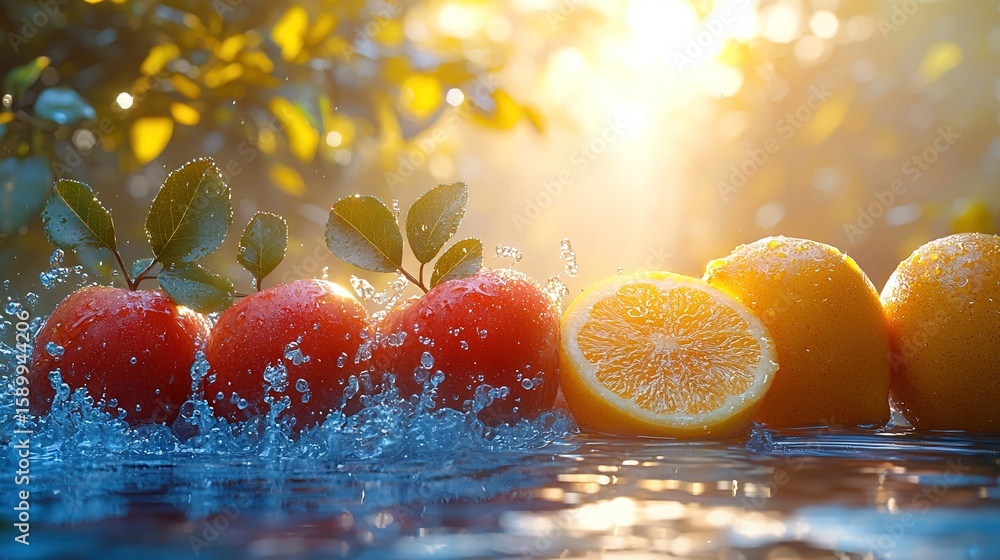 Poster a collection of oranges and grapefruits splash in a sunlit pool during a warm day