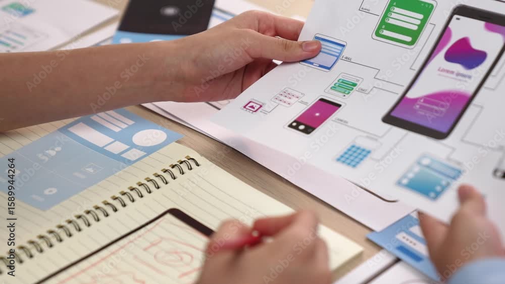 Poster panorama video of startup company employee planning on user interface prototype for mobile applicati