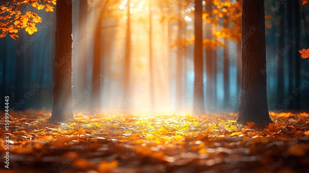 Poster sunlight filters through forest trees, casting shadows on ground covered with both alive and fallen 