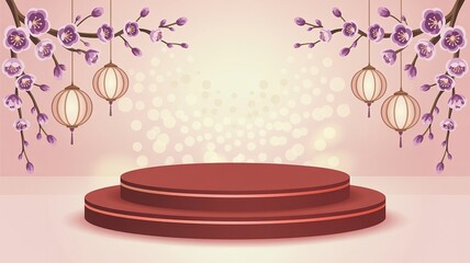 Luna new year, Elegant Two Tiered Display with Blossom Branches and Lanterns