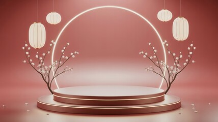 Luna new year, Elegant Pink Podium with Lanterns and Cherry Blossoms, Minimalist Composition.