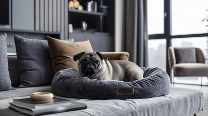 A pug enjoys lounging in a sleek, modern dog bed featuring its own name in a cozy, well-designed living room space