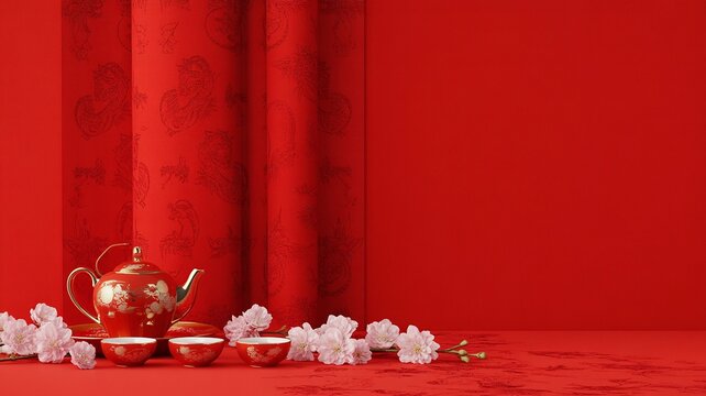 Luna new year, Red Chinese Tea Set with Cherry Blossoms on a Red Background - Powered by Adobe