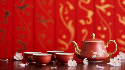 Luna new year, Elegant Red Tea Set with Floral Accents and Blossoms on Wooden Surface