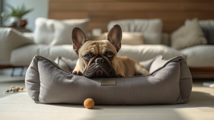Small dog relaxing on a stylish bed in a modern living room, showcasing comfort and elegance while surrounded by soft decor and toys
