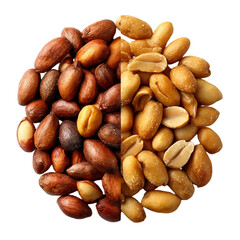 Obraz premium Roasted peanuts and salted peanuts halves close up food concept isolated on transparent background