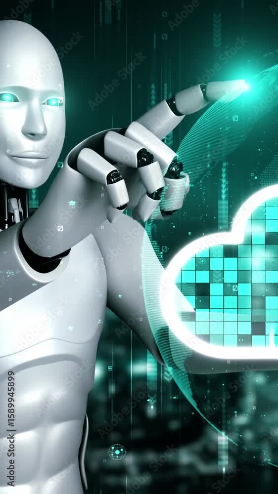 Poster ai robot huminoid uses cloud computing technology to store data on online server . futuristic concep