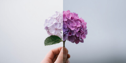 Single hydrangea bloom held in hand with split tone effect showing soft pastel and vibrant magenta