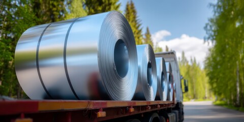 Truck is carrying a load of metal coils