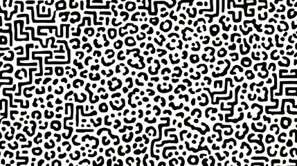 The image is a black and white photo of Maze print pattern. The pattern is made up of various shapes and lines, creating a unique and intricate design