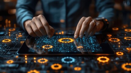 Business process automation. Business person using tablet computer. Network structure and gear icons.. Businessman uses visual screen to work in office