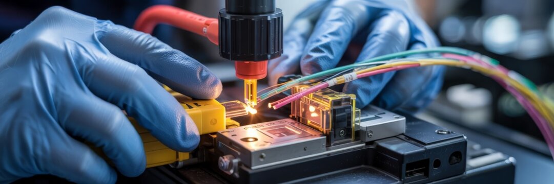 Technician using a fusion splicer to connect fiber optic cables