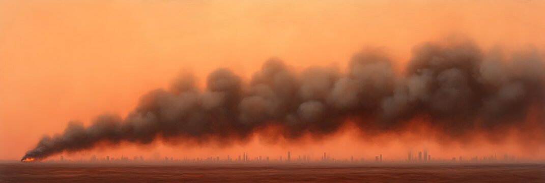 Smoldering cityscape: dark smoke billows under an orange sky, obscuring the horizon with a line of buildings silhouetted in the haze. - Powered by Adobe