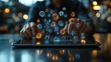 Business process automation. Business person using tablet computer. Network structure and gear icons.. Businessman uses visual screen to work in office