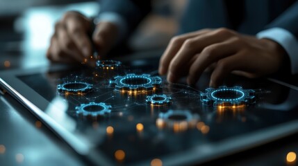 Business process automation. Business person using tablet computer. Network structure and gear icons.. Businessman uses visual screen to work in office