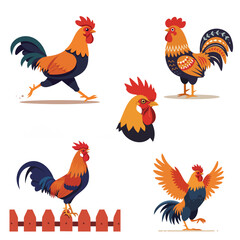 Colorful vector rooster illustrations collection on transparent background 