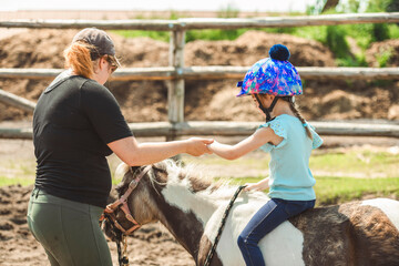 Cute little girl petting a pony in a farm