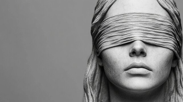A striking grayscale sculpture of Justicia, with long hair and a blindfold, symbolizes fairness and objectivity in justice
