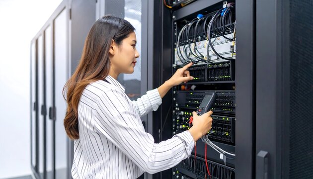Woman technician working on server rack