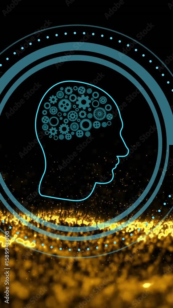 Poster animation of human brain and ai data processing over blue background