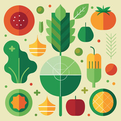 A vibrant and colorful composition showcasing a diverse range of fruits vegetables and food pattern elements arranged in a modern style