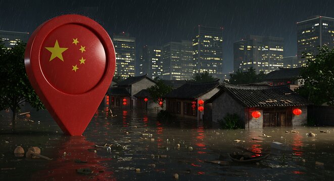 Flooding in China with Chinese Flag Location Marker During a Rainstorm