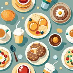 Colorful top-down illustration of breakfast plates with varied food and drinks arranged in a beautiful seamless fruit