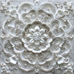 An intricate white mandala showcases ornate floral patterns and a dazzling gem at the center, set against a sophisticated surface