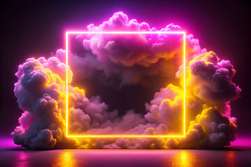 Pink and Yellow Neon Light with Cloud Formation. Square shaped Fluorescent Frame in Dark Environment.