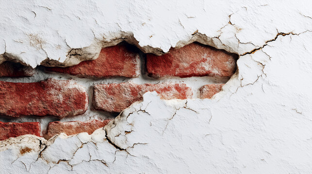 A textured white wall shows a hole exposing red bricks, creating a rustic and aged background - Powered by Adobe