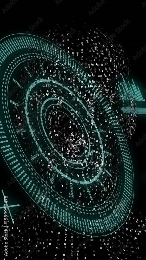 Poster digital human head with rotating circular interface, futuristic technology animation