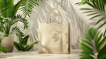 A beige shopping bag is showcased amidst lush green tropical plants, creating a vibrant and ecoconscious presentation
