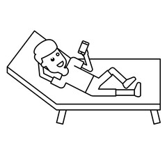 Illustration of a Man Checking Phone When Lying Down On a Beach Bed