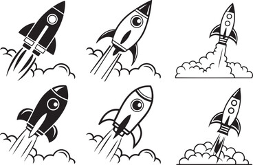 Four Rocket Launch Icons in Black and White