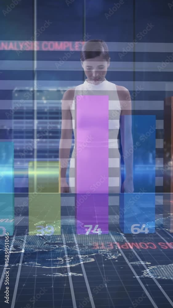 Aufkleber analyzing colorful bar graphs, businesswoman using digital world map interface animation