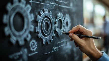 Businessman drawing gears on chalkboard. Development and solutions concept. man drawing gears
