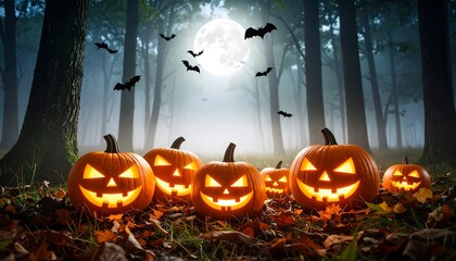 Halloween pumpkins in a misty forest at night under a full moon